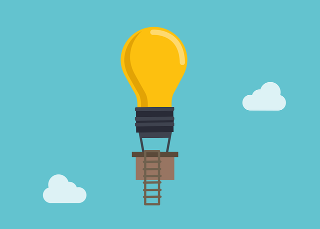 Dessin d'une ampoule jaune qui remplace le ballon d'une mongolfière, ça fonctionne, elle vole